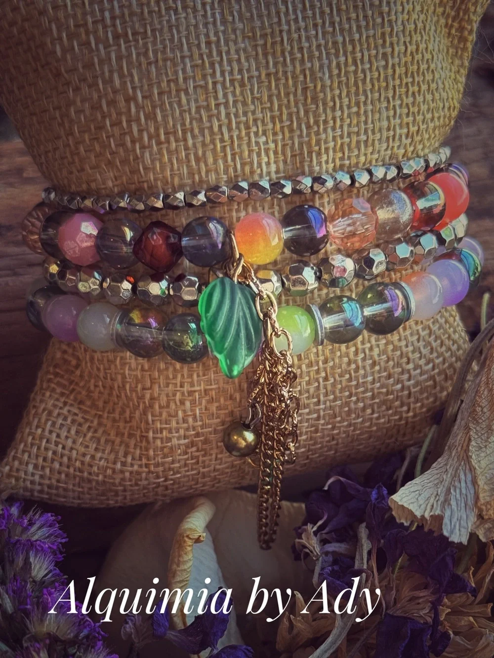 Aura quartz Multicolor Beaded Bracelet Stack with Green Leaf Charm